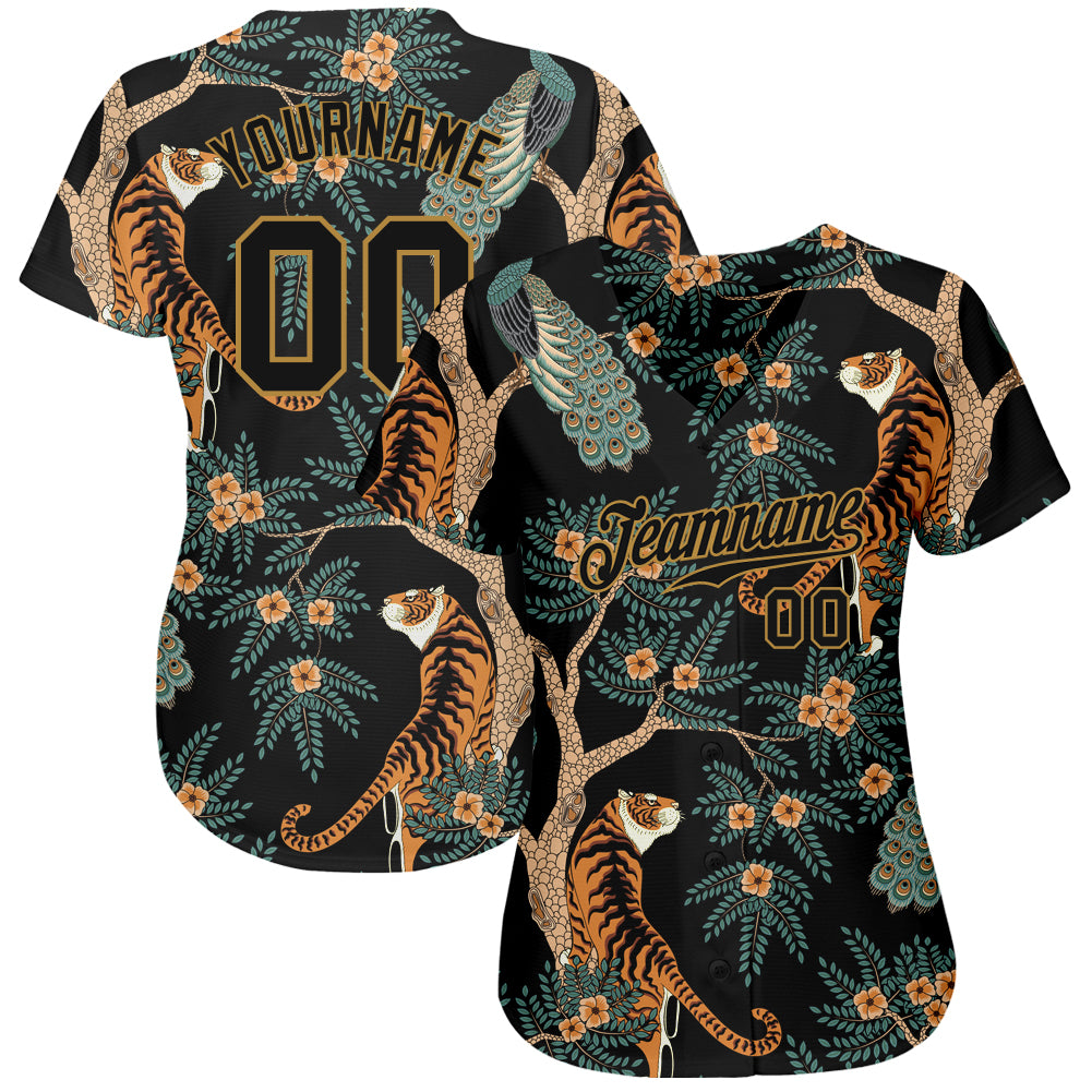 Custom-Black-Black-Old-Gold-Design-Tiger-And-Peacock-Baseball-MLB-Jersey-6010