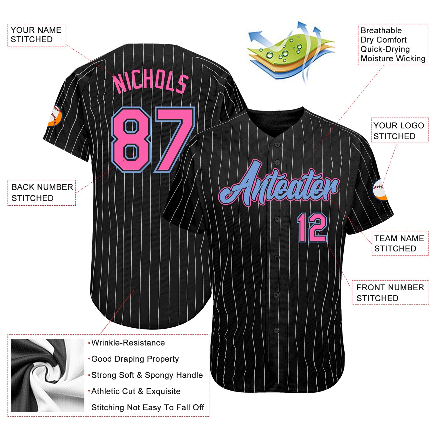 Custom-Black-White-Pinstripe-Pink-Light-Blue-Baseball-MLB-Jersey-5141