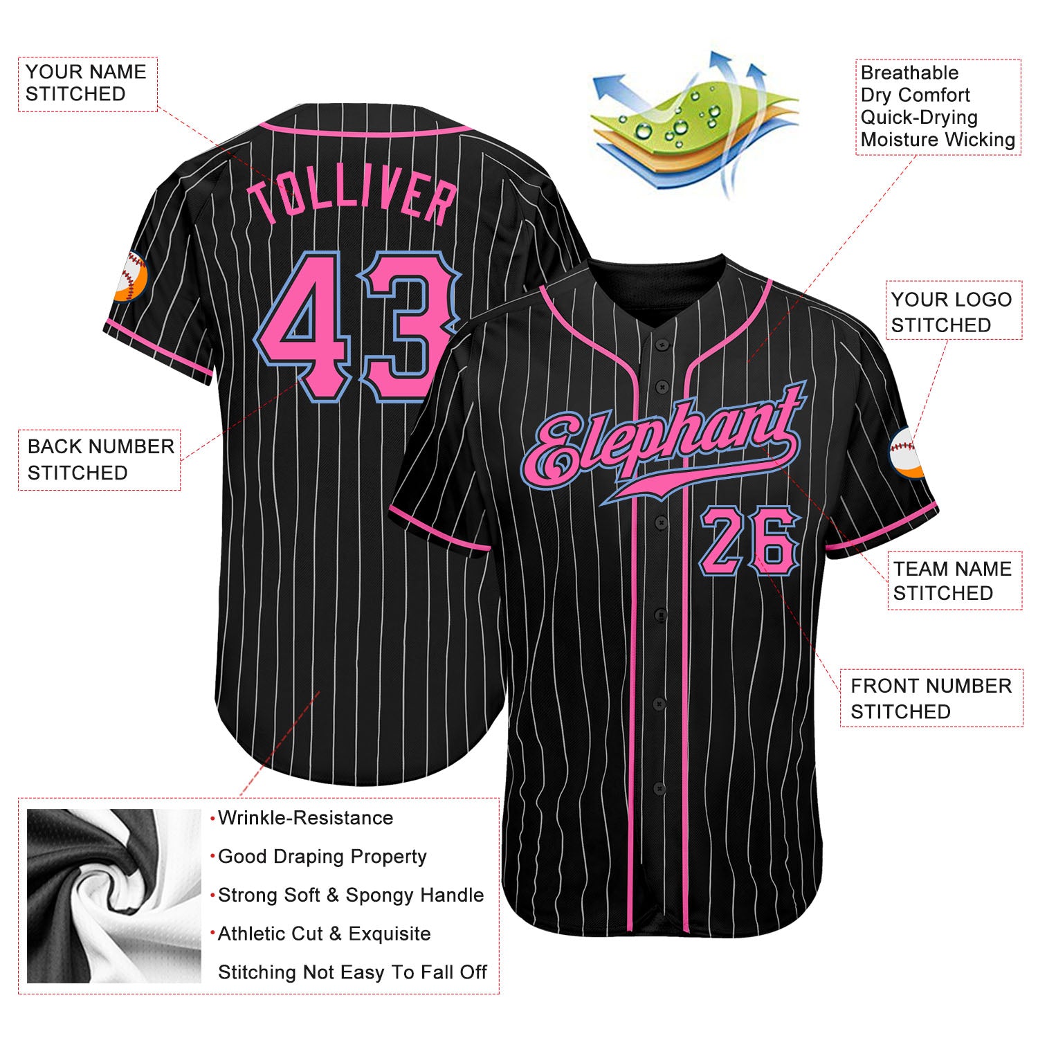 Custom-Black-White-Pinstripe-Pink-Light-Blue-Baseball-MLB-Jersey-7765