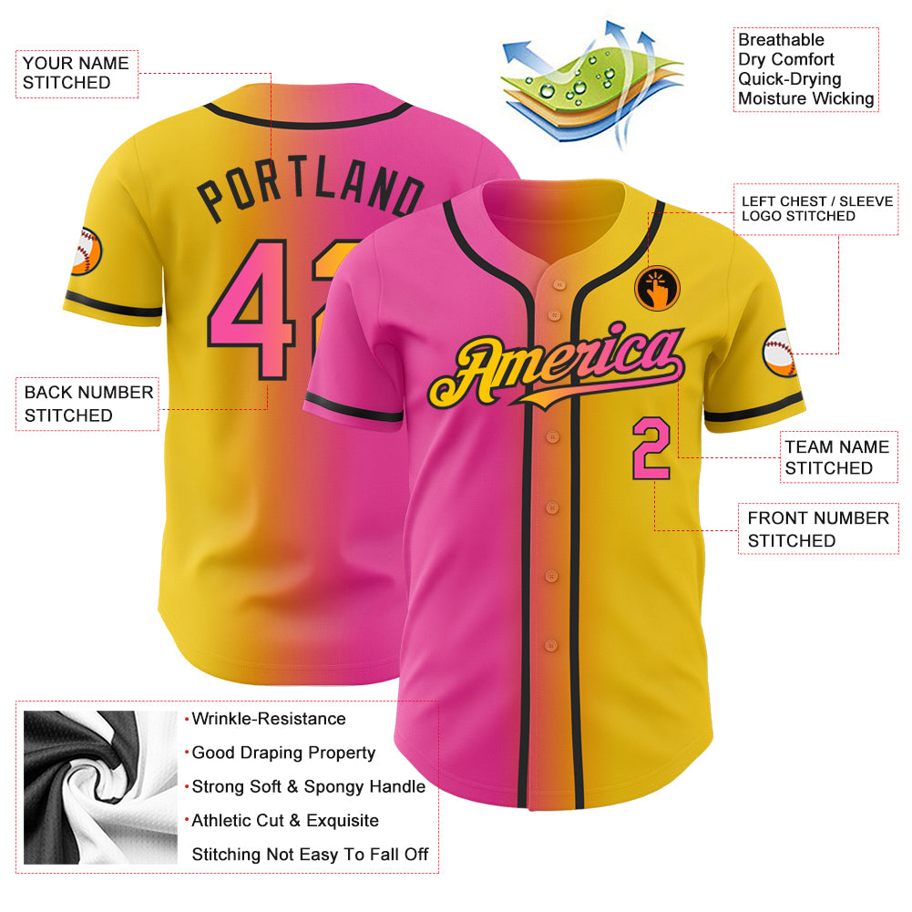 Custom-Yellow-Pink-Black-Gradient-Fashion-Baseball-MLB-Jersey-9795